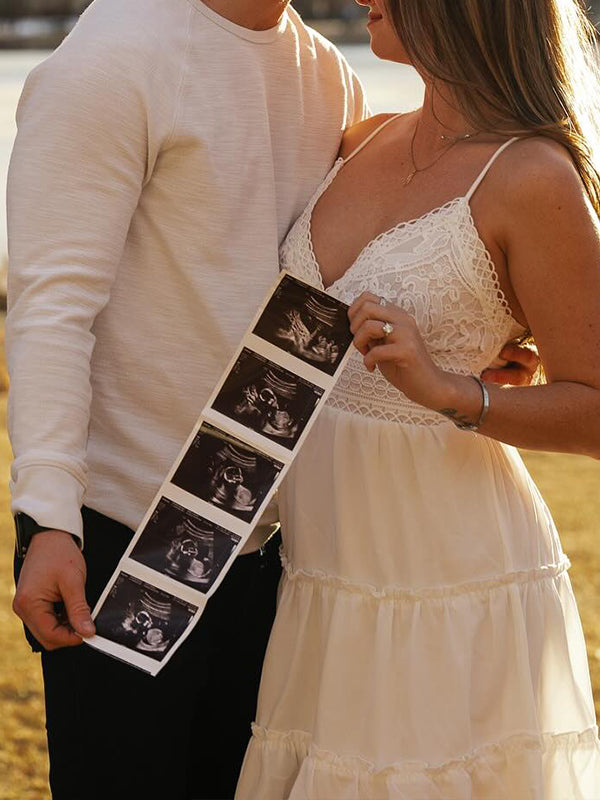 Momsmood White Spaghetti Straps Plunging Neckline Lace Ruffle Backless Flowy Elegant Maternity Photoshoot Mini Dress