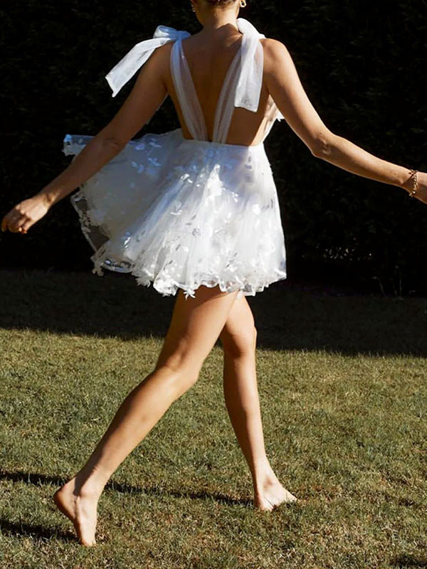 Momsmood White Bow Grenadine Lace Plunging Neckline Backless Adorable Tutu Elegant Maternity Photoshoot Baby Shower Mini Dress