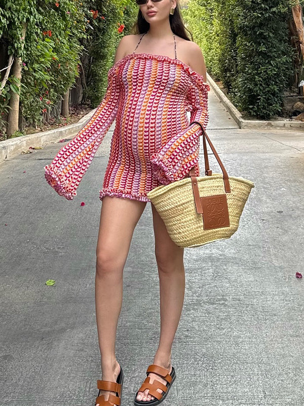 Momsmood Lace Open Back Hit Color Photoshoot Maternity Mini Dresses