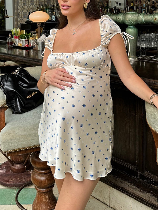 Momsmood Flowers Drawstring A-Line Photoshoot Maternity Mini Dresses