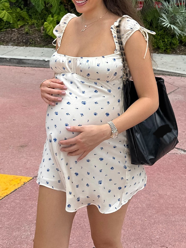 Momsmood Flowers Drawstring A-Line Photoshoot Maternity Mini Dresses