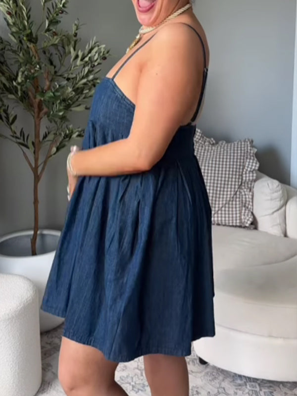 Momsmood Denim Pleated Suspender Skirt Photoshoot Maternity Mini Dresses
