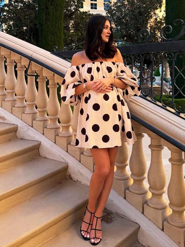 Momsmood White And Black Wave Point Off-shoulder Puff Sleeve Elegant Maternity Photoshoot Mini Dress