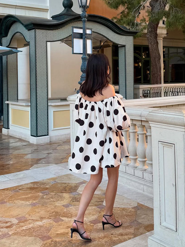 Momsmood White And Black Wave Point Off-shoulder Puff Sleeve Elegant Maternity Photoshoot Mini Dress