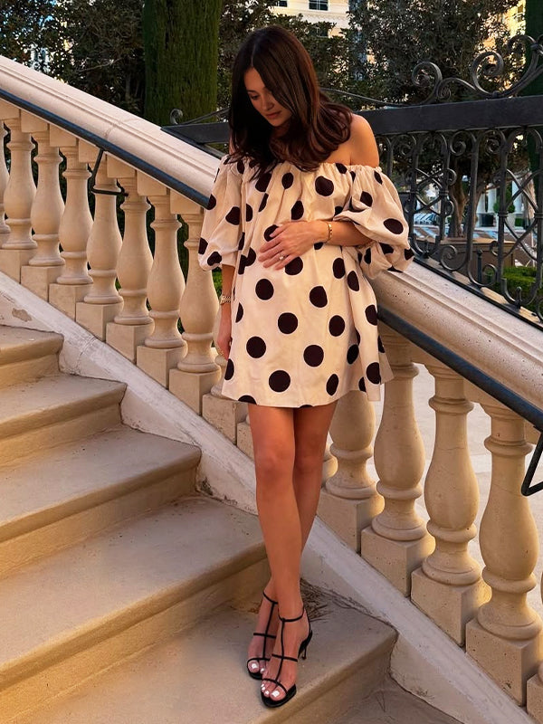 Momsmood White And Black Wave Point Off-shoulder Puff Sleeve Elegant Maternity Photoshoot Mini Dress