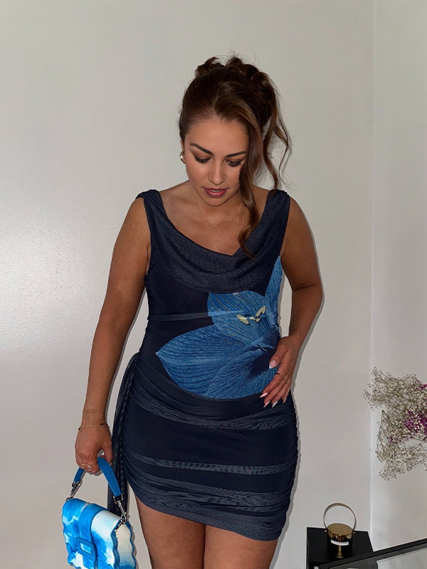Dark Blue Bodycon Backless Floral Tie Back Maternity Mini Dresses