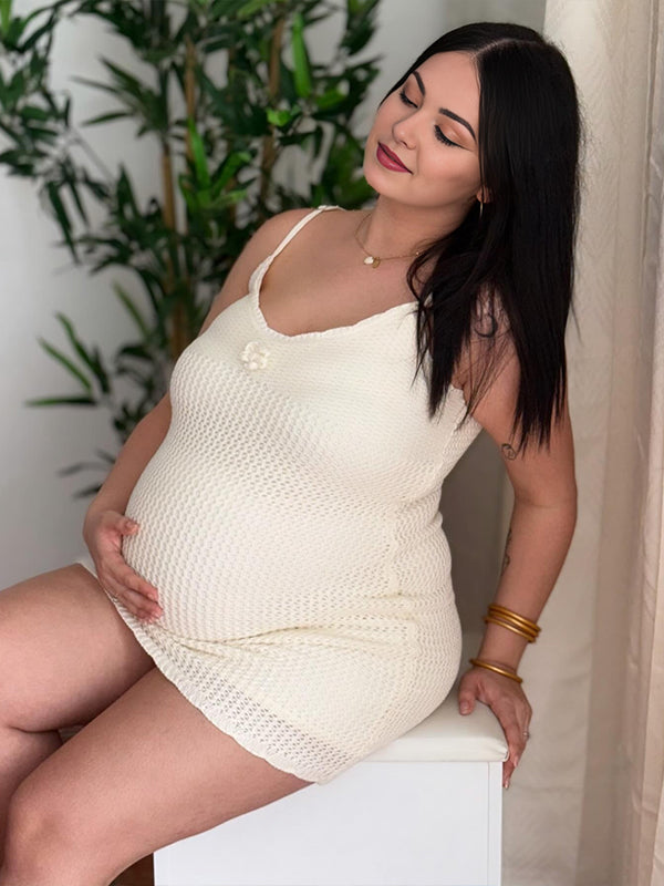 Beige Cover-Up Bikini Smock Crochet Lace Maternity Mini Dresses