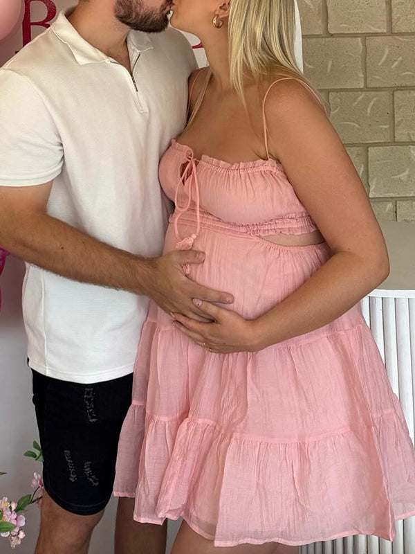 Momsmood Pink Spaghetti Strap lace-up Open Back Daily Going out Baby Shower Maternity Photoshoot Mini Dress