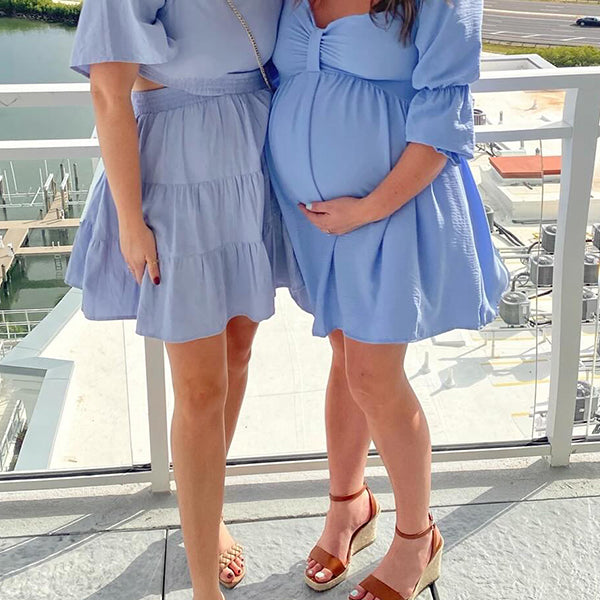 Momsmood Blue Off Shoulder Lantern Sleeve Bowknot Daily Going out Baby Shower Maternity Photoshoot Mini Dress