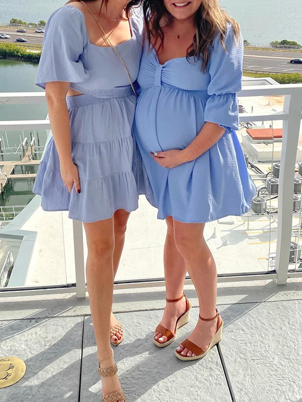 Momsmood Blue Off Shoulder Lantern Sleeve Bowknot Daily Going out Baby Shower Maternity Photoshoot Mini Dress