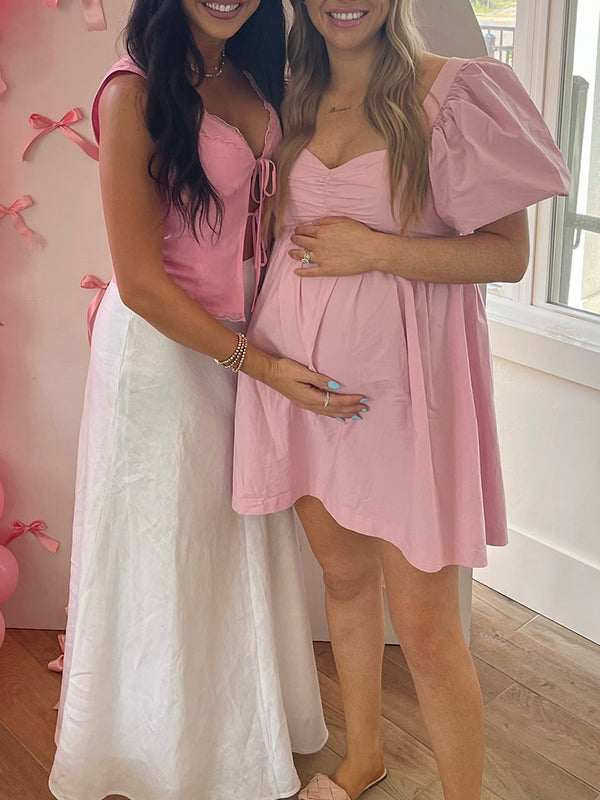 Momsmood Pink U neck Ruched Puff Sleeve Banquet Party Baby Shower Maternity Photoshoot Mini Dress