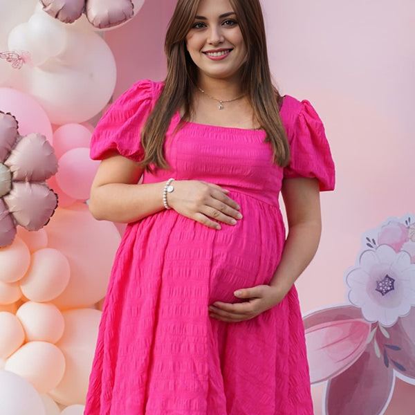 Rose Carmine Square Neck Smoked Maternity Baby Shower Mini Dress