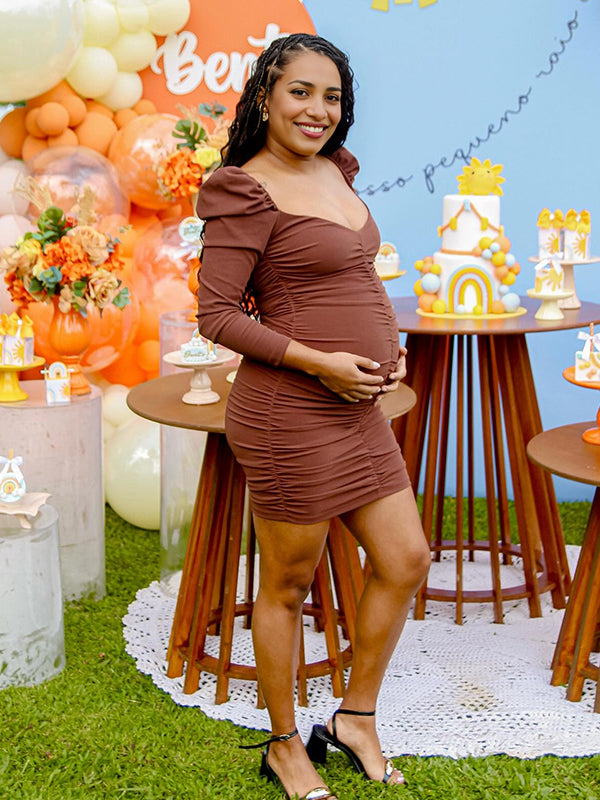 Coffee V Neck Smoked Bodycon Maternity Baby Shower Mini Dress