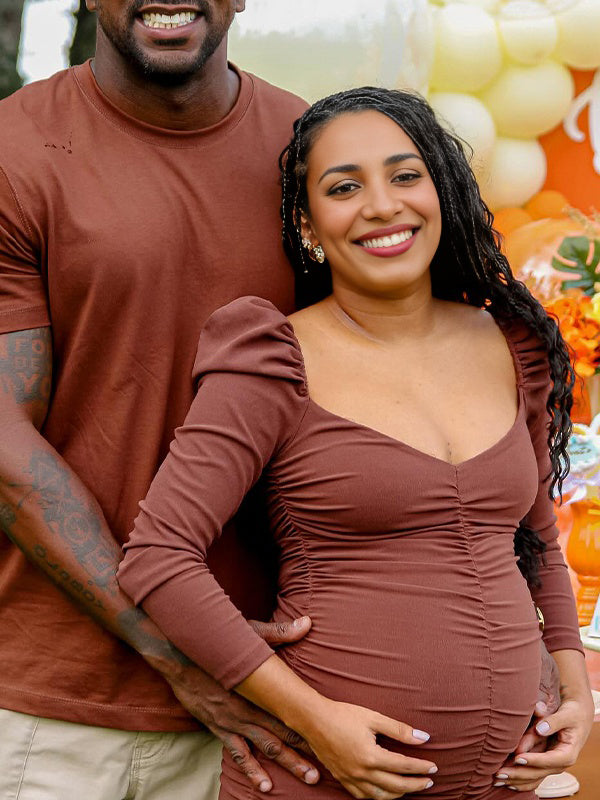 Coffee V Neck Smoked Bodycon Maternity Baby Shower Mini Dress
