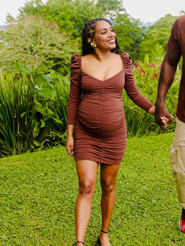 Coffee V Neck Smoked Bodycon Maternity Baby Shower Mini Dress