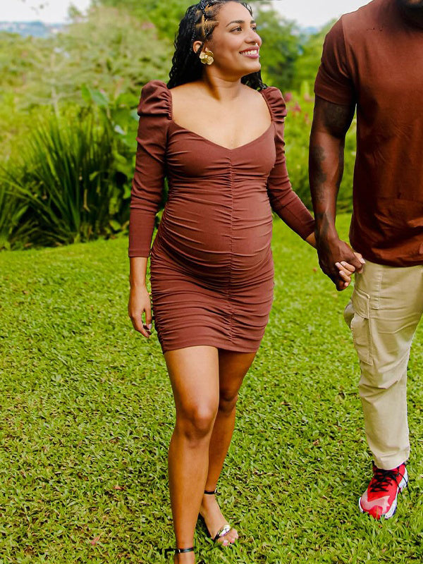 Coffee V Neck Smoked Bodycon Maternity Baby Shower Mini Dress