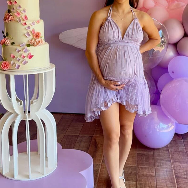 Purple V Neck Ruched Grenadine Maternity Baby Shower Mini Dress