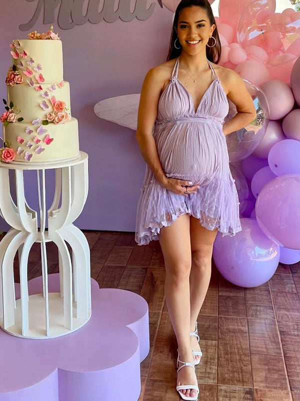 Purple V Neck Ruched Grenadine Maternity Baby Shower Mini Dress
