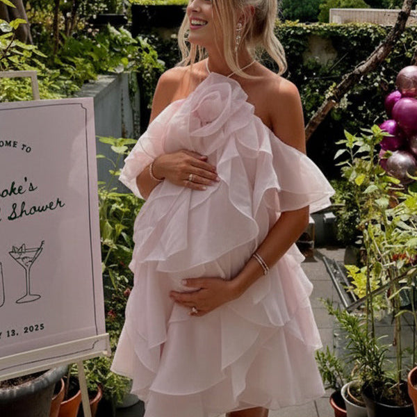 Momsmood 3D Flower Layered Ruffle Cami Backless Maternity Mini Dress