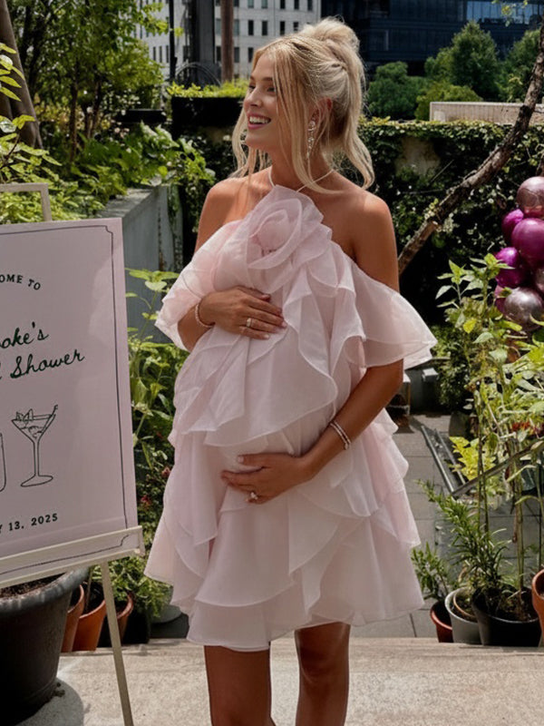 Momsmood 3D Flower Layered Ruffle Cami Backless Maternity Mini Dress