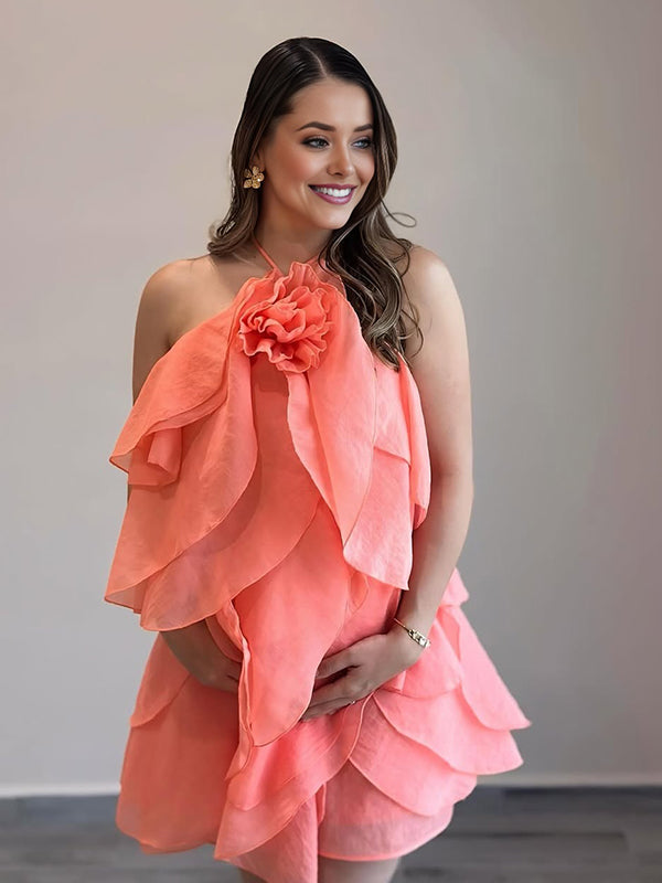 Momsmood 3D Flower Layered Ruffle Cami Backless Maternity Mini Dress
