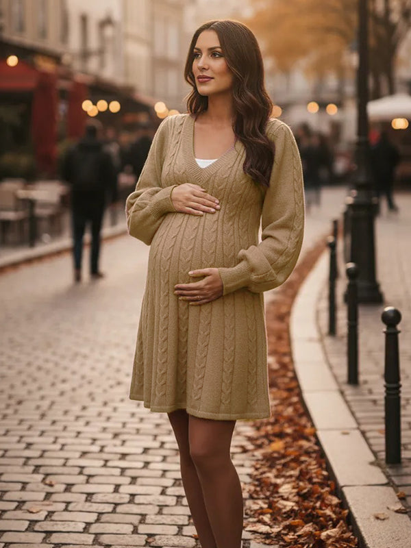 Momsmood Cable Knit A-line V-neck Lantern Sleeve Maternity Sweater Mini Dress