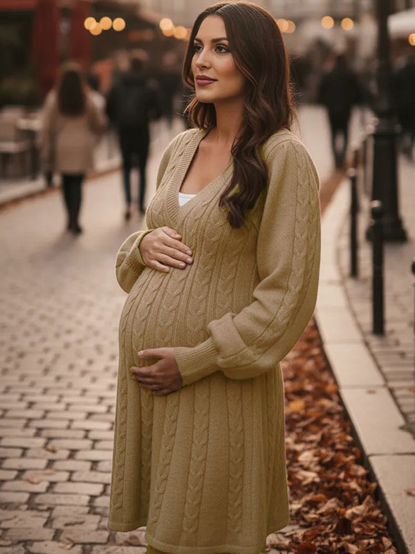 Momsmood Cable Knit A-line V-neck Lantern Sleeve Maternity Sweater Mini Dress