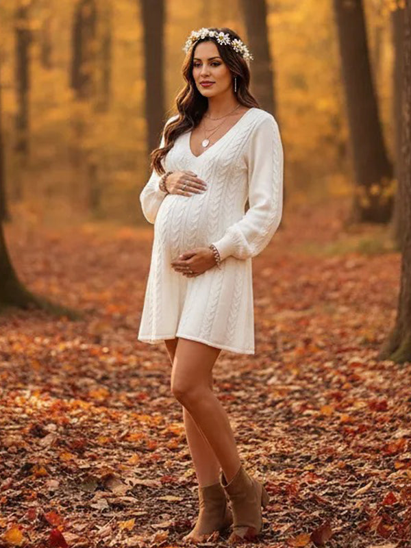 Momsmood Cable Knit A-line V-neck Lantern Sleeve Maternity Sweater Mini Dress