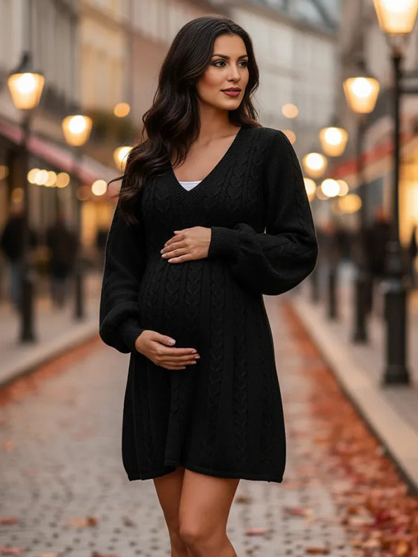Momsmood Cable Knit A-line V-neck Lantern Sleeve Maternity Sweater Mini Dress