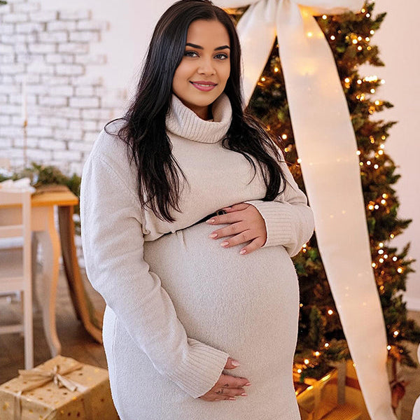 Momsmood Christmas White High Neck Crochet Maternity Photoshoot Sweater Mini Dress