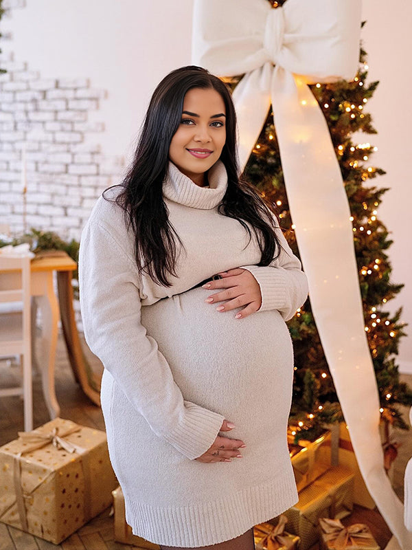 Momsmood Christmas White High Neck Crochet Maternity Photoshoot Sweater Mini Dress