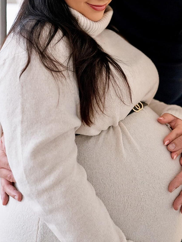 Momsmood Christmas White High Neck Crochet Maternity Photoshoot Sweater Mini Dress