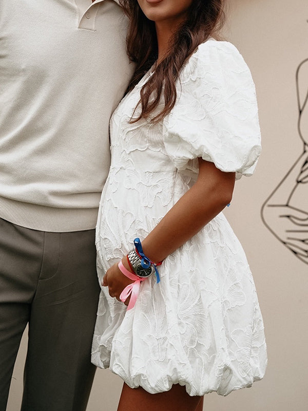 Momsmood White Embroidery V-neck Puff Sleeve A-line Fluffy Sweet Maternity Baby Shower Mini Dress