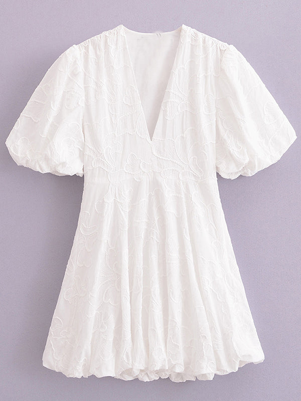 Momsmood White Embroidery V-neck Puff Sleeve A-line Fluffy Sweet Maternity Baby Shower Mini Dress