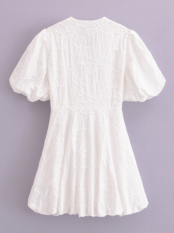 Momsmood White Embroidery V-neck Puff Sleeve A-line Fluffy Sweet Maternity Baby Shower Mini Dress