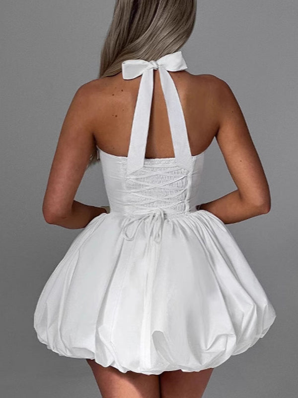 Momsmood White Corset Puffball Lace-up Back Backless Square Halter Neck A-line Elegant Maternity Baby Shower Mini Dress