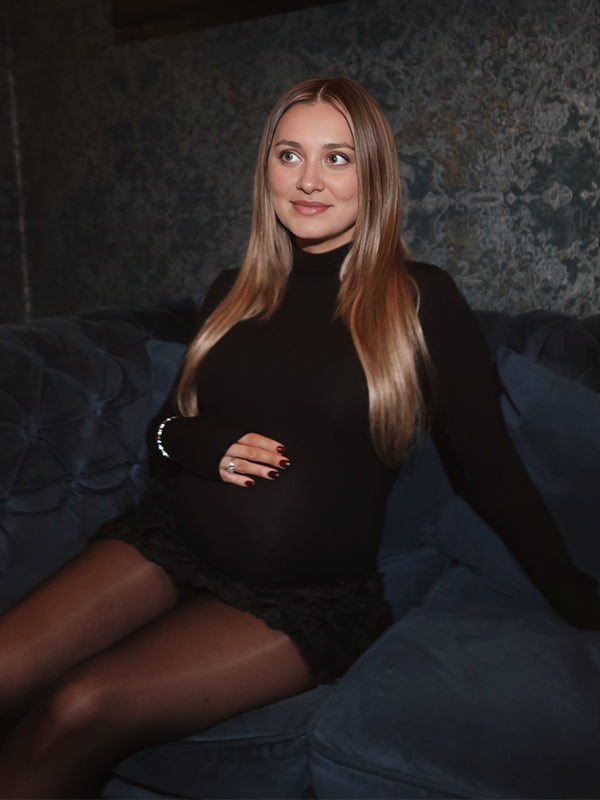 Momsmood Black Flocking High Neck Bodycon Elegant Club Cocktail Baby Shower Maternity Mini Dress