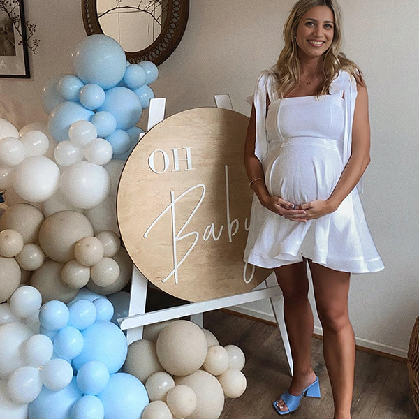 Momsmood White Tie Bow Sleeveless Smocked Backless A-line Flowy Gender Reveal Baby Shower Maternity Mini Dress