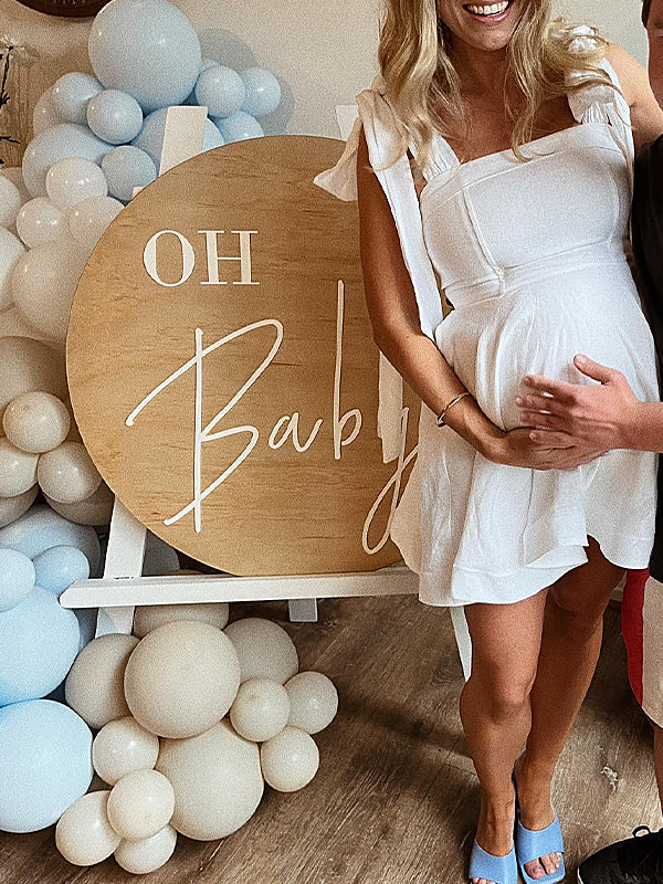 Momsmood White Tie Bow Sleeveless Smocked Backless A-line Flowy Gender Reveal Baby Shower Maternity Mini Dress