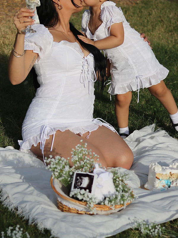 Momsmood White Cut Out Lace Up Ruffle Bodycon Puff Sleeve Photoshoot Baby Shower Maternity Mini Dress