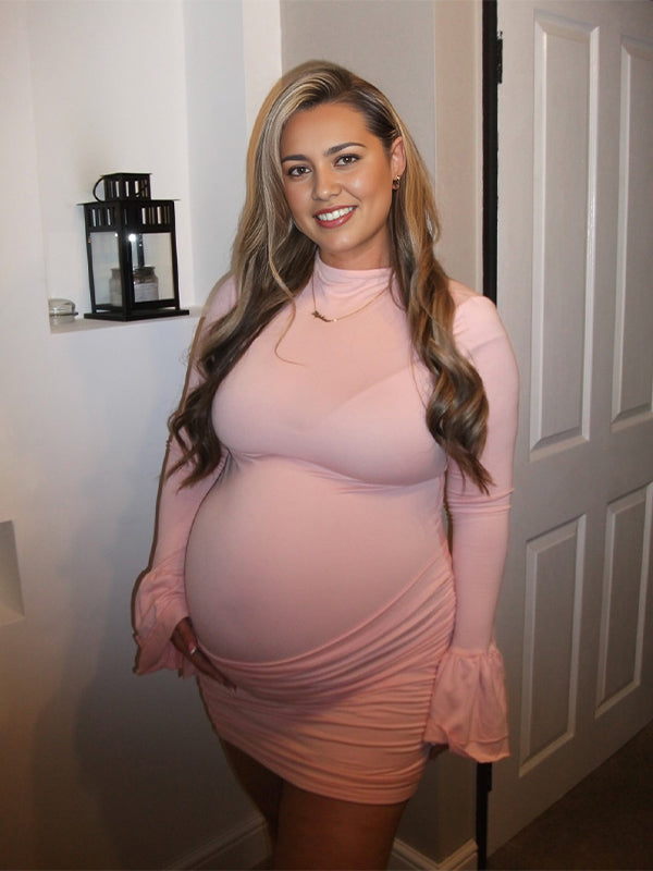 Momsmood Pink Falbala Sleeve Ruched Bodycon Gender Reveal Baby Shower Maternity Mini Dress