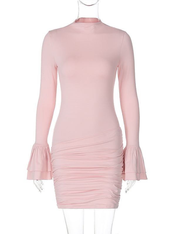 Momsmood Pink Falbala Sleeve Ruched Bodycon Gender Reveal Baby Shower Maternity Mini Dress