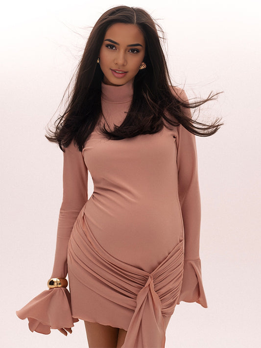 Momsmood Ruched Draped Band Neck Flare Sleeve Photoshoot Baby Shower Maternity Mini Dress