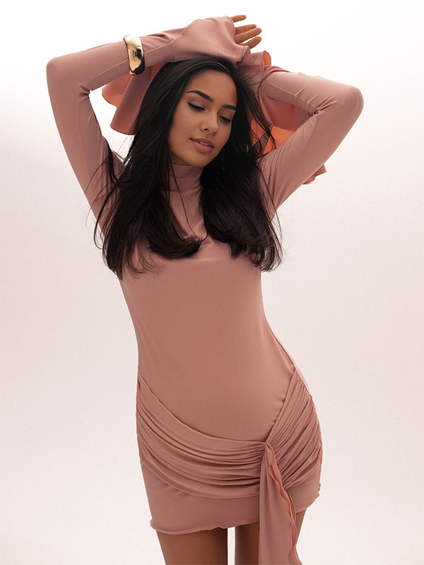 Momsmood Ruched Draped Band Neck Flare Sleeve Photoshoot Baby Shower Maternity Mini Dress