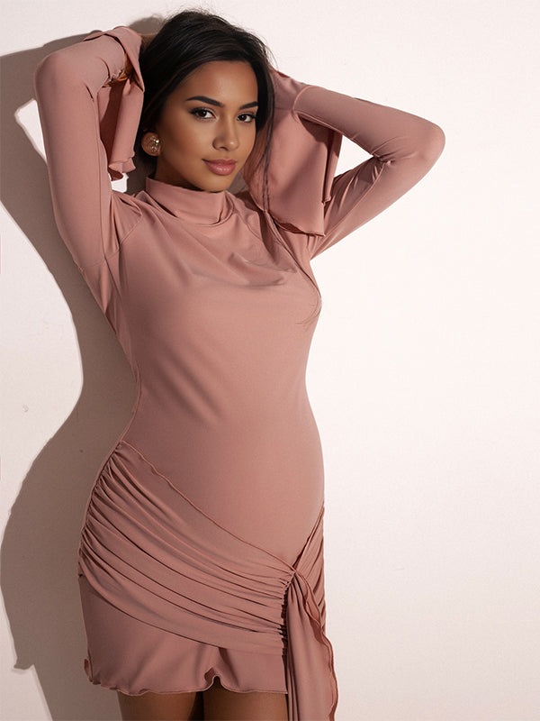 Momsmood Ruched Draped Band Neck Flare Sleeve Photoshoot Baby Shower Maternity Mini Dress