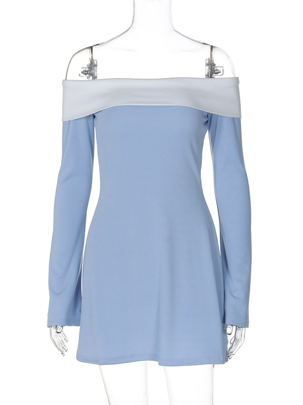 Momsmood Off Shoulder Hit Colot Flare Sleeve Gender Reveal Baby Shower Maternity Mini Dress