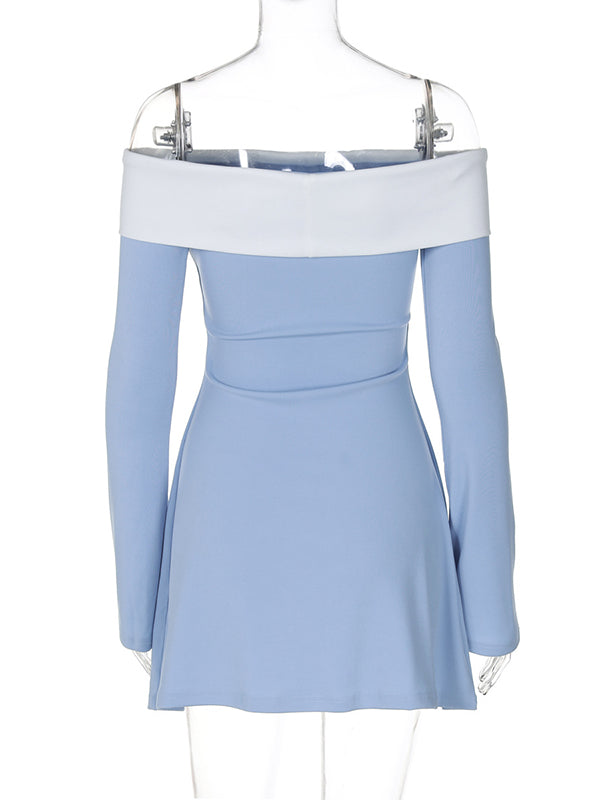 Momsmood Off Shoulder Hit Colot Flare Sleeve Gender Reveal Baby Shower Maternity Mini Dress