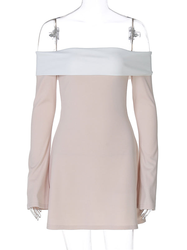 Momsmood Off Shoulder Hit Colot Flare Sleeve Gender Reveal Baby Shower Maternity Mini Dress