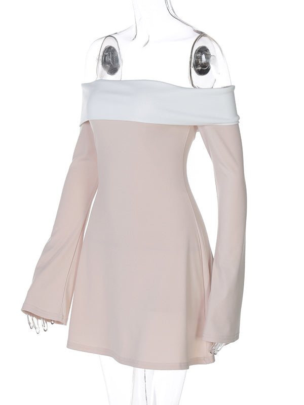 Momsmood Off Shoulder Hit Colot Flare Sleeve Gender Reveal Baby Shower Maternity Mini Dress