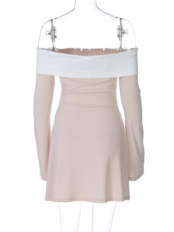 Momsmood Off Shoulder Hit Colot Flare Sleeve Gender Reveal Baby Shower Maternity Mini Dress